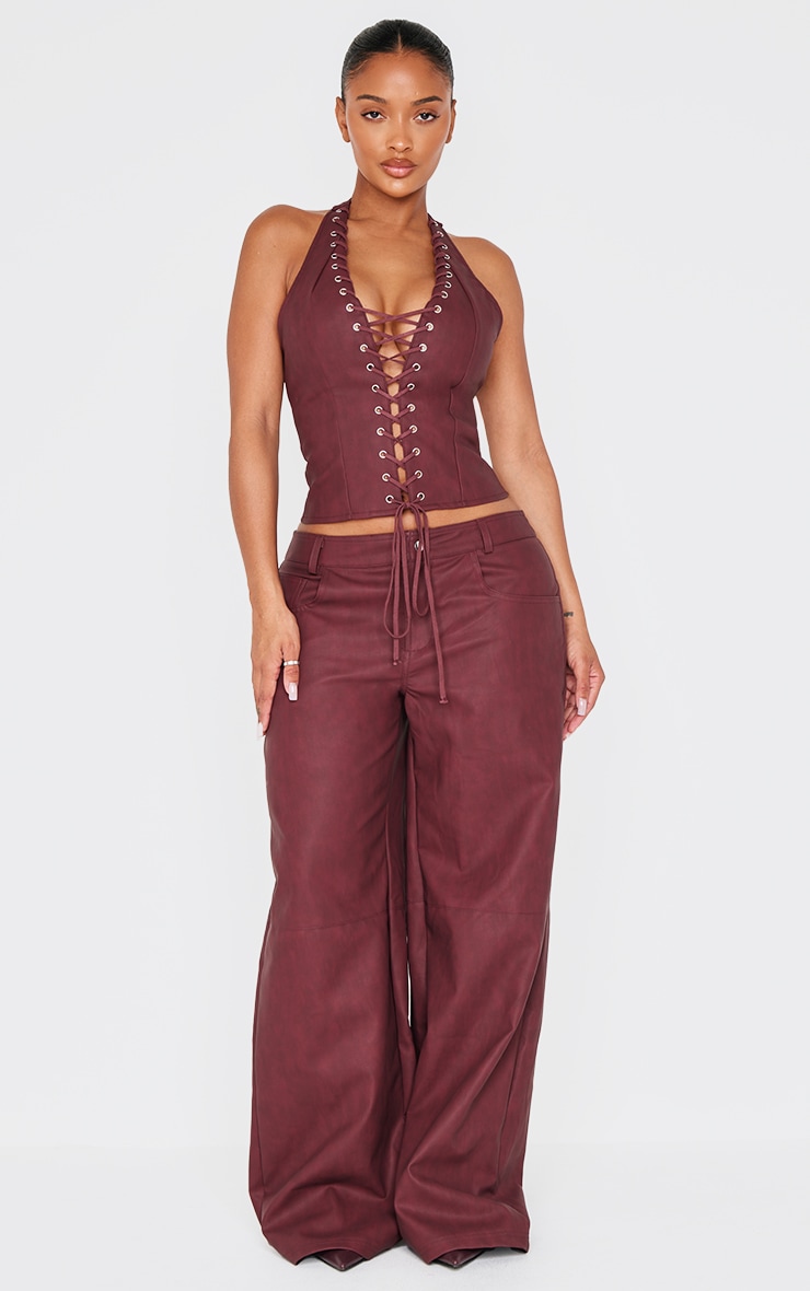 Shape Burgundy Washed Faux Leather Halter Neck Lace Up Corset image 3