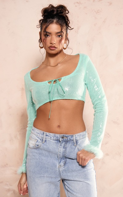 Turquoise Sequin Faux Fur Cuff Tie Middle Shirt
