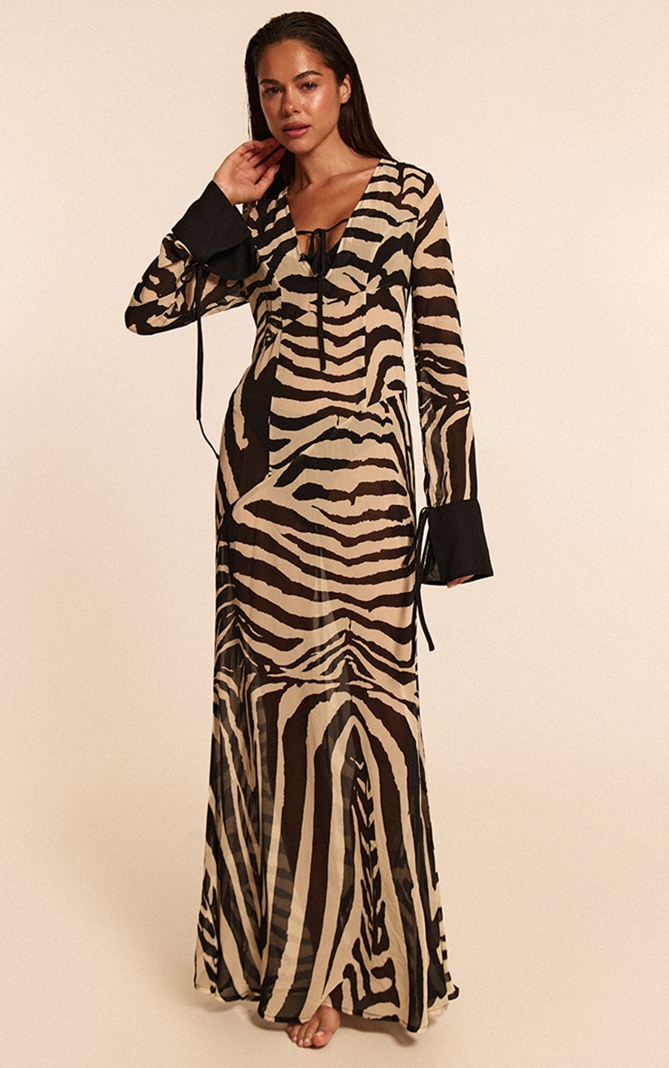 Zebra Print Chiffon Long Sleeve Maxi Beach Dress image 2