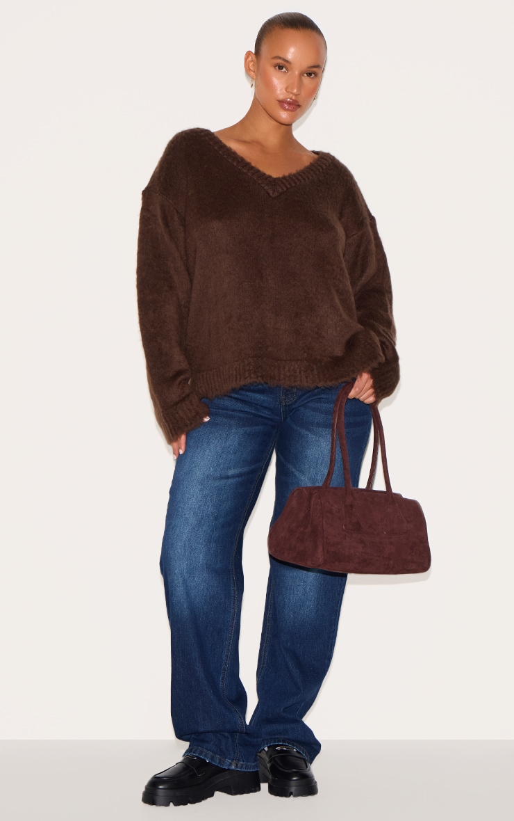 Plus Chocolate Slouchy V Neck Eyelash Knit Sweater image 3