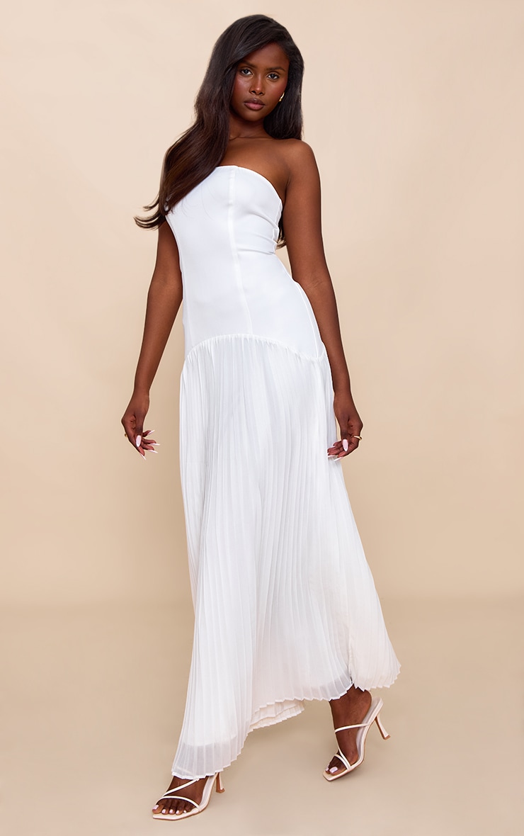 White Woven Bandeau Pleated Hem Detail Maxi Dress image 1