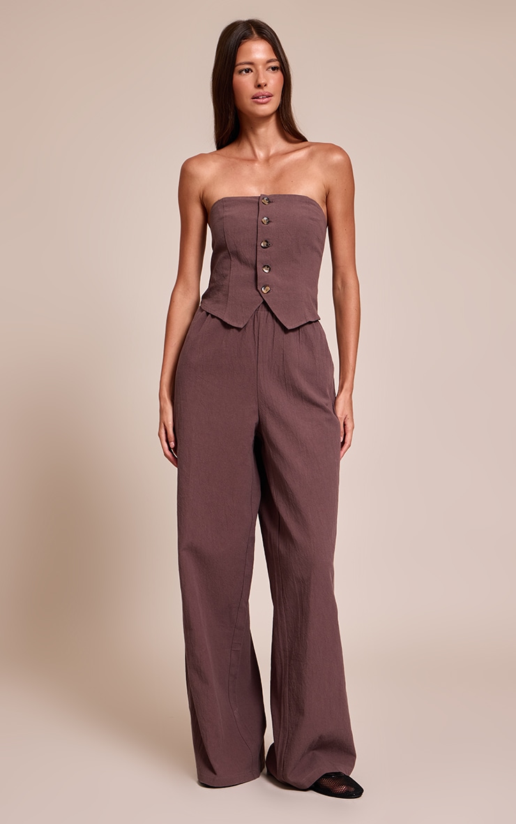 Brown Textured Bandeau Button Jumpsuit image 3