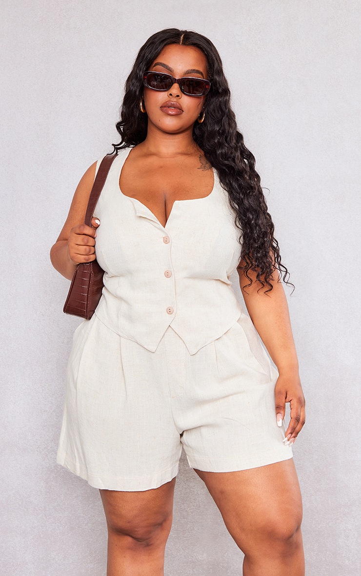 Plus Stone Linen Look Button Up Waistcoat image 3