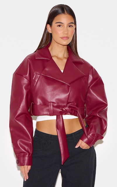 Burgundy Faux Leather Cropped Biker Jacket