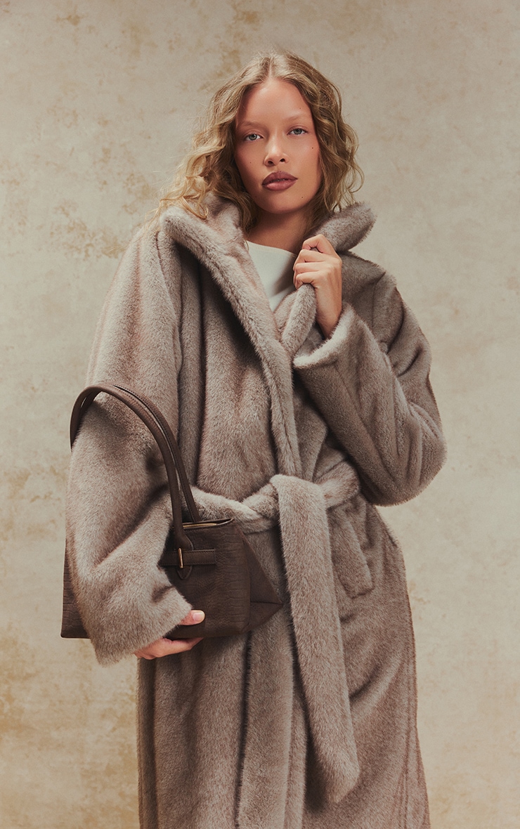 Grey Faux Fur Funnel Neck Maxi Coat image 4