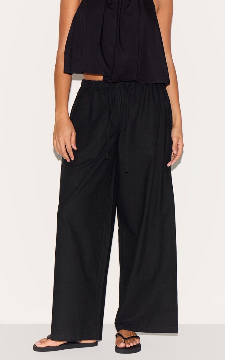 Petite Black Linen Drawstring Waist Pants image 2