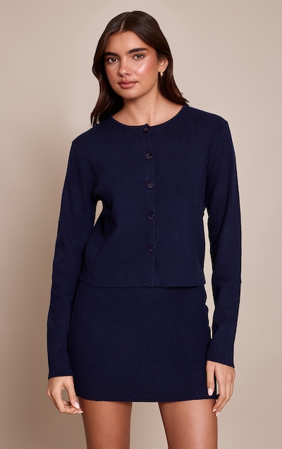 Navy Compact Knit Collarless Cardigan