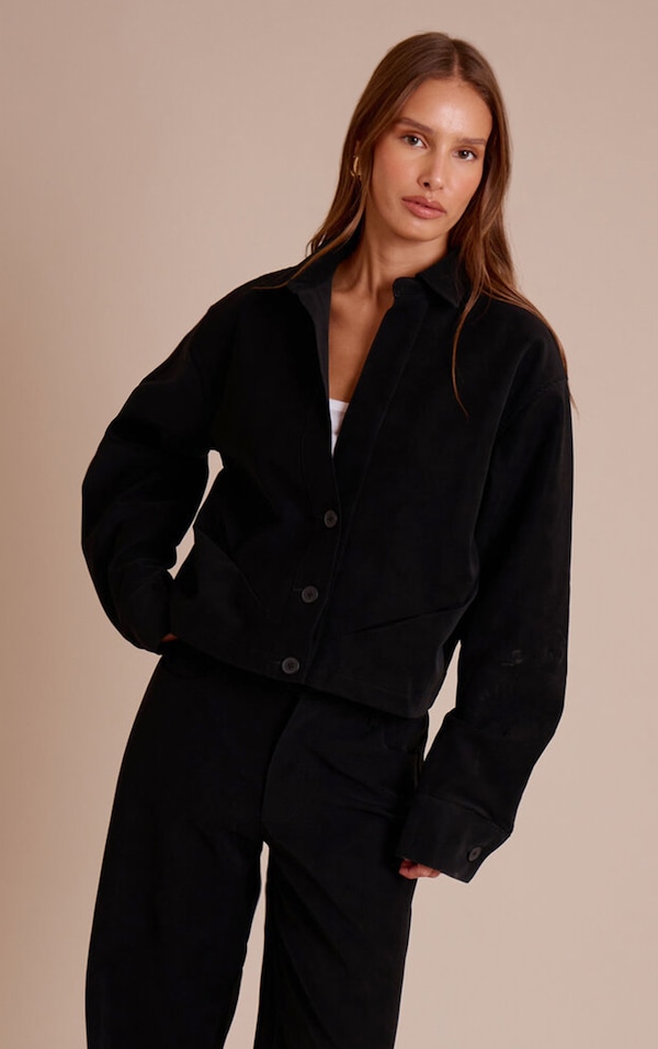 Black Washed Faux Leather Plunge Jacket