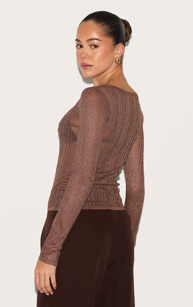 Chocolate Sheer Knit Long Sleeve Boat Neck Top image 2