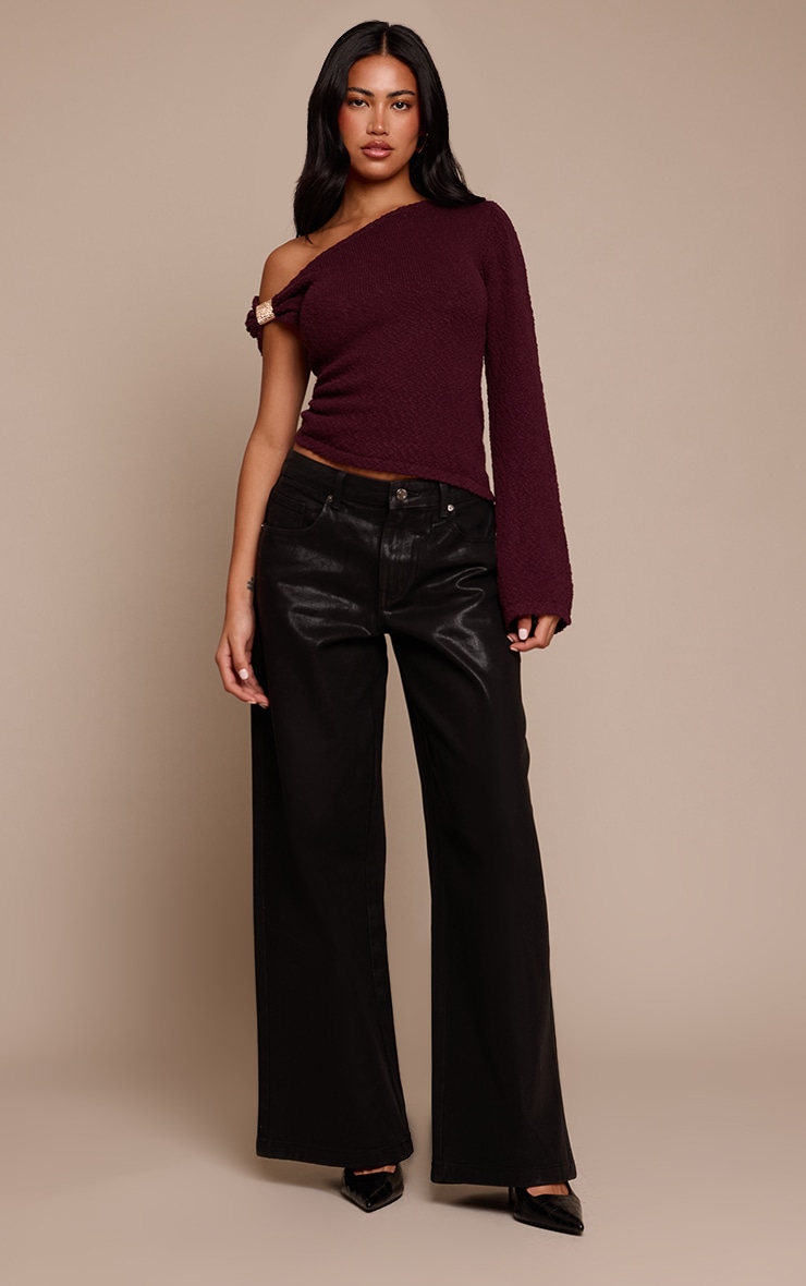 Plum Bobble Knit Trim Detail One Shoulder Top image 3