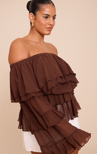 Plus Chocolate Chiffon Tiered Ruffle Bardot Top