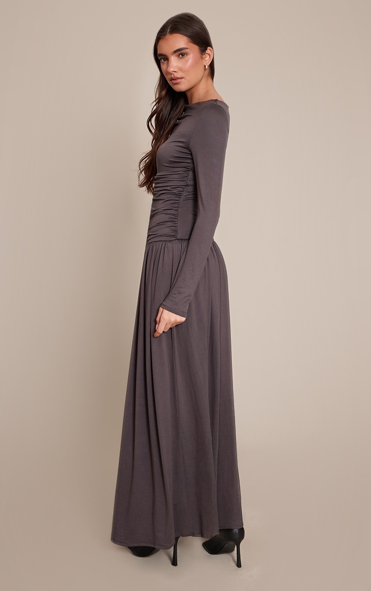 Charcoal Soft Touch Jersey Ruched Long Sleeve Maxi Dress image 2