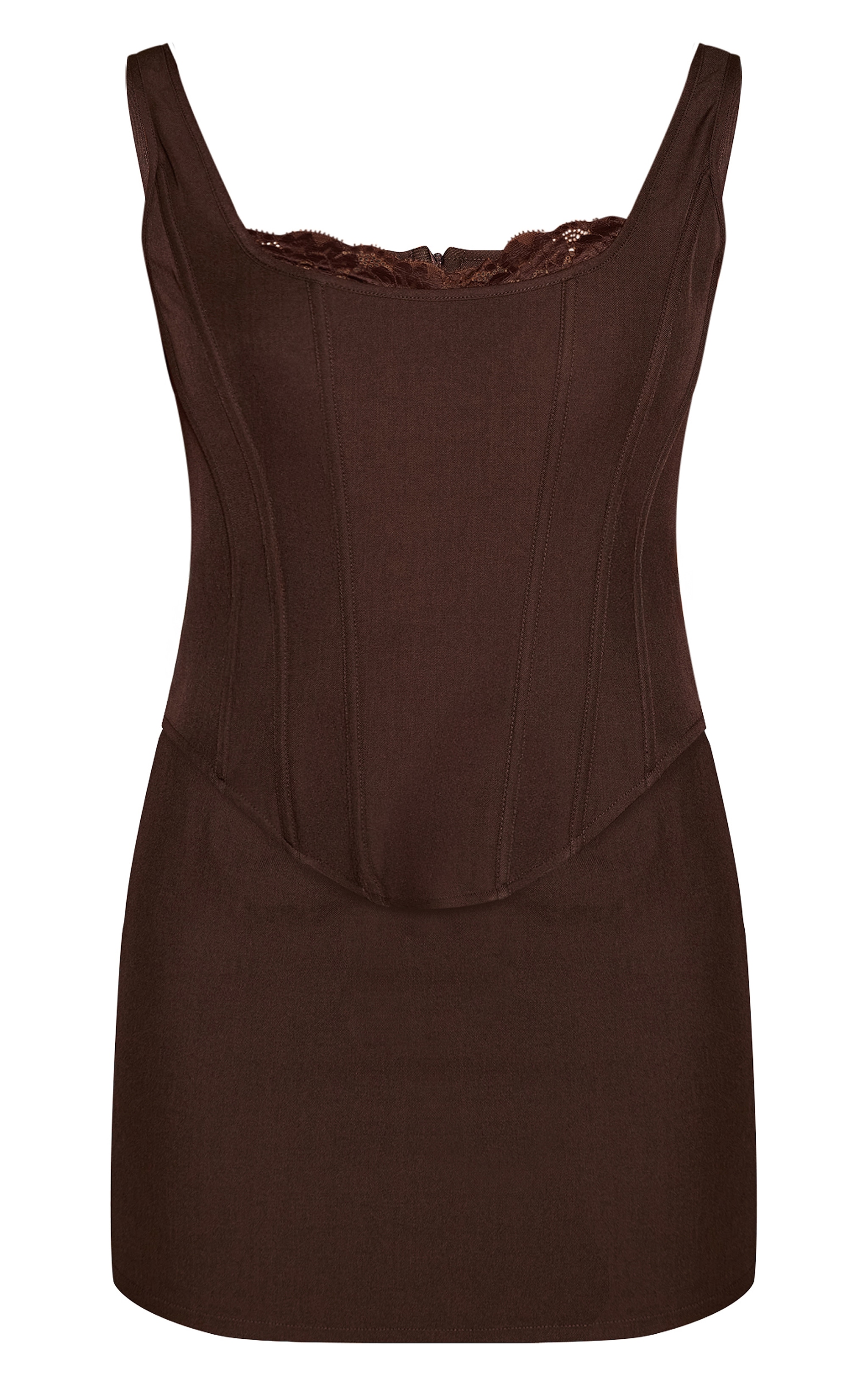 Chocolate Satin Boned Lace Detail Corset Bodycon Dress image 5