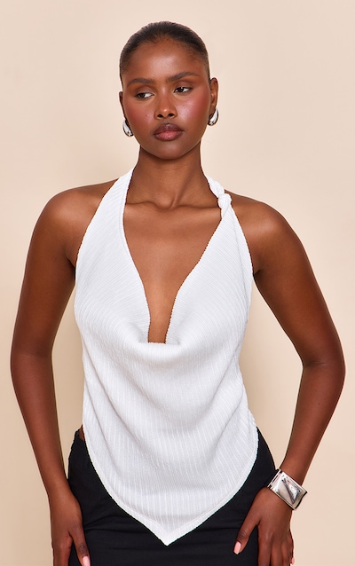 Cream Textured Knot Detail Cowl Neck Top