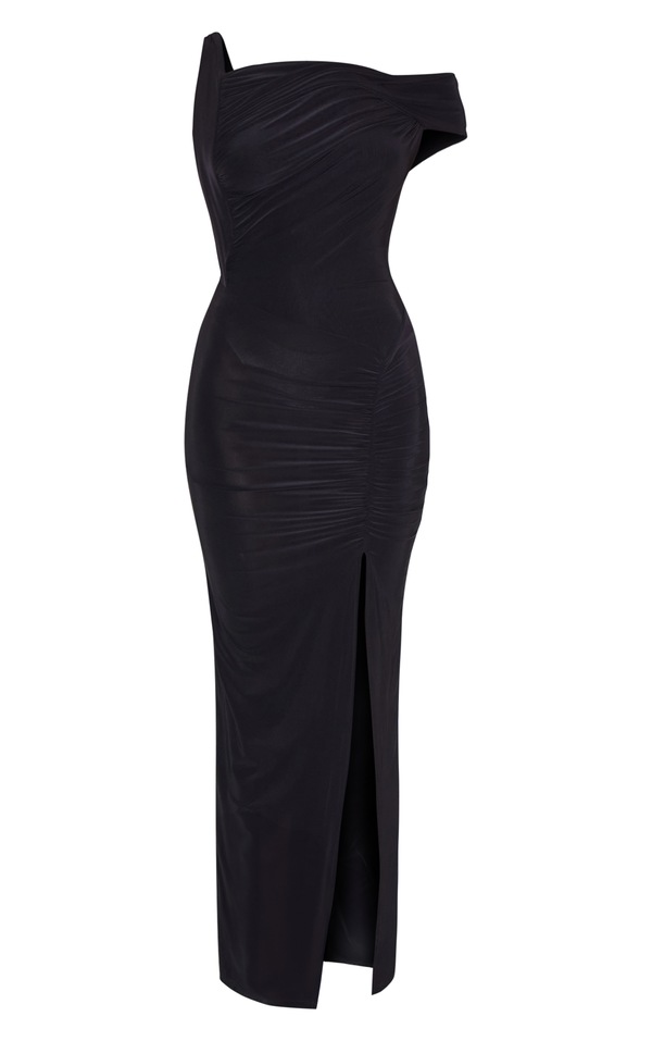 Tilly | Black And White Extreme-Plunge Neck Maxi Dress With Wrap And Ruched Details