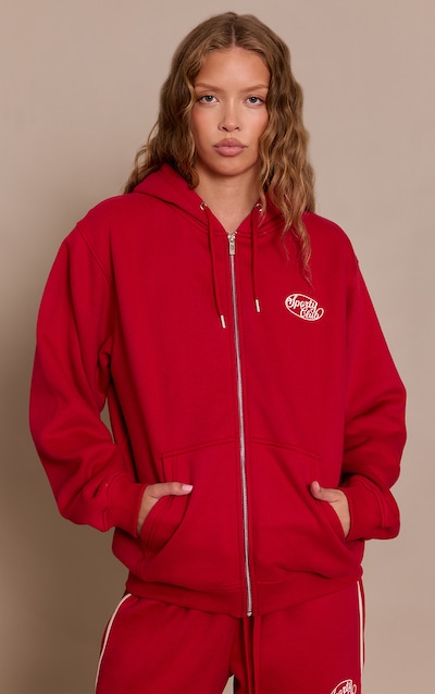 Red Sports Club Cotton Fleece Oversized Full Zip Hoodie