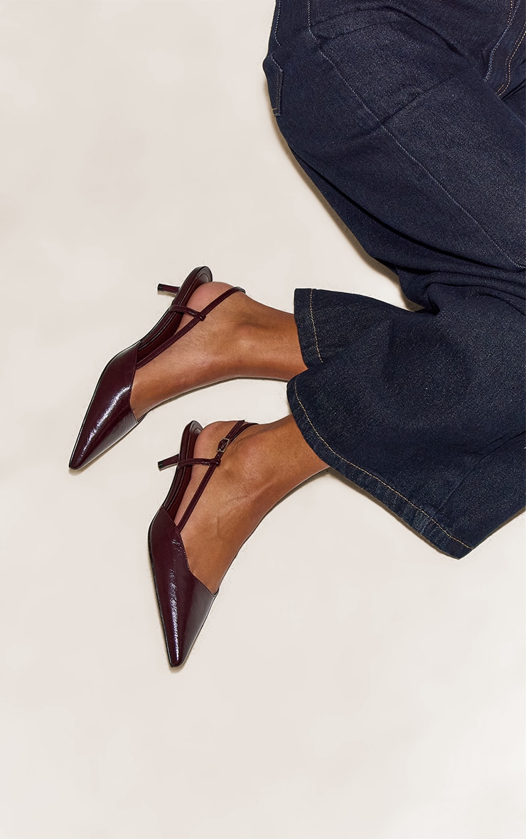 Burgundy Patent Crinkle Kitten Heel Sling Back Courts image 1