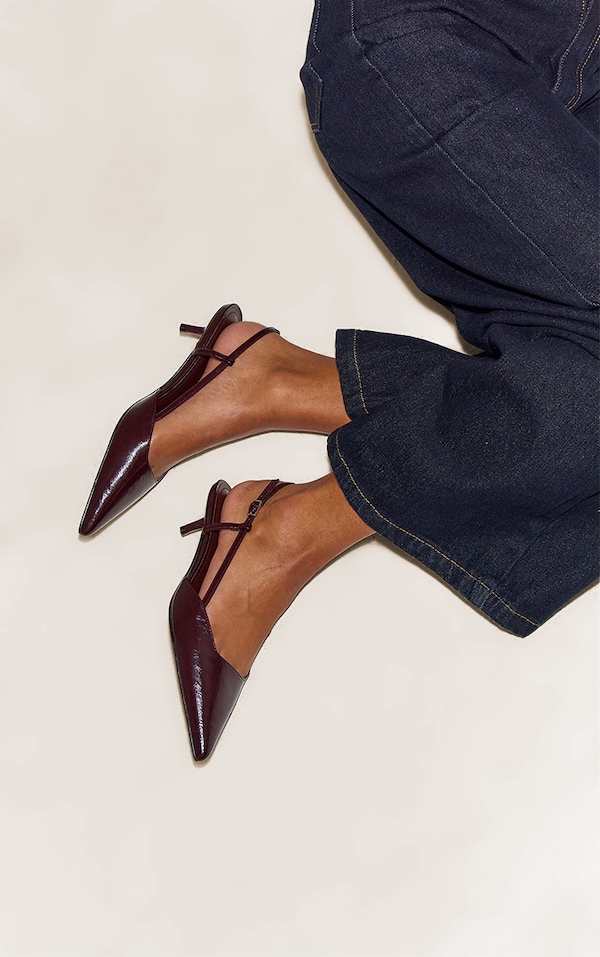 Burgundy Patent Crinkle Kitten Heel Sling Back Courts