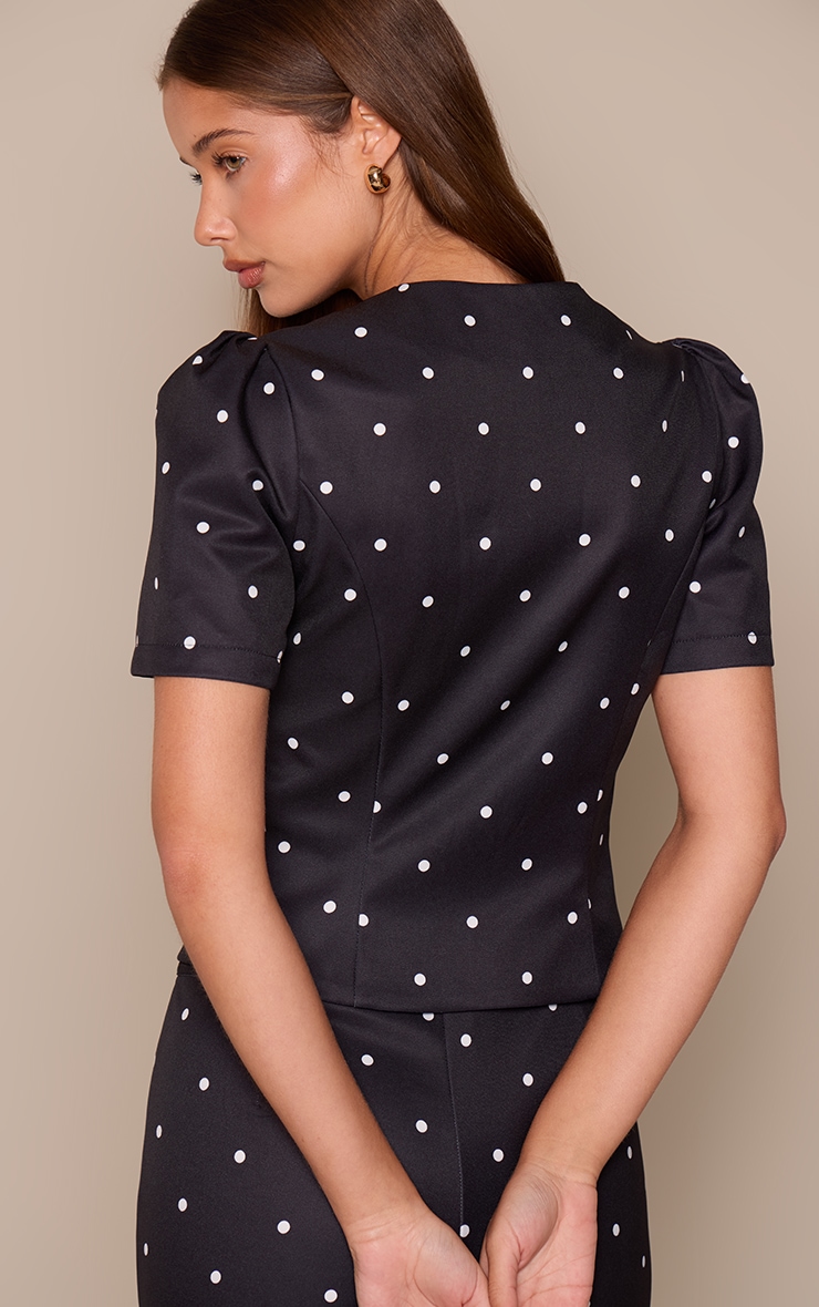 Black Polka Dot Tailored Short Sleeve Button Up Top image 2