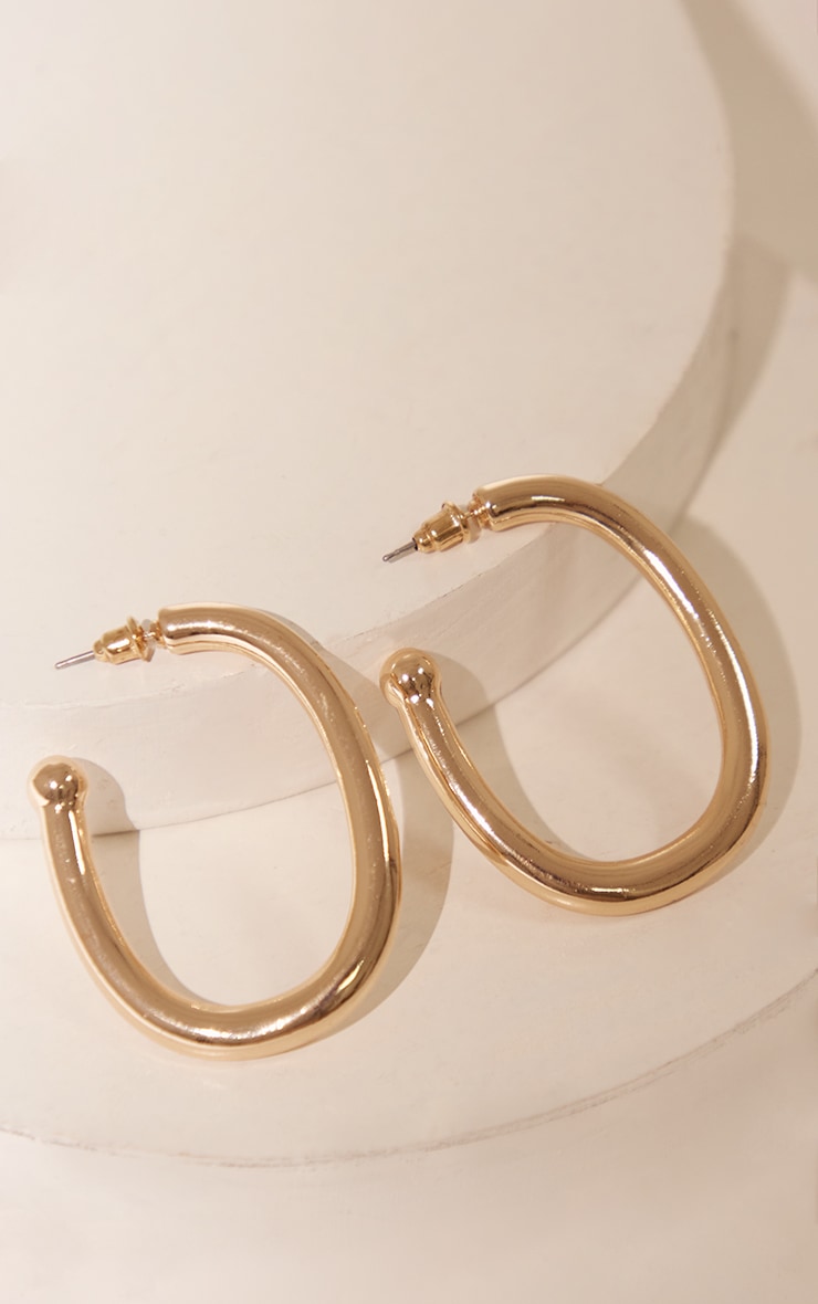 Gold Simple Elongated Hoop Earrings image 2