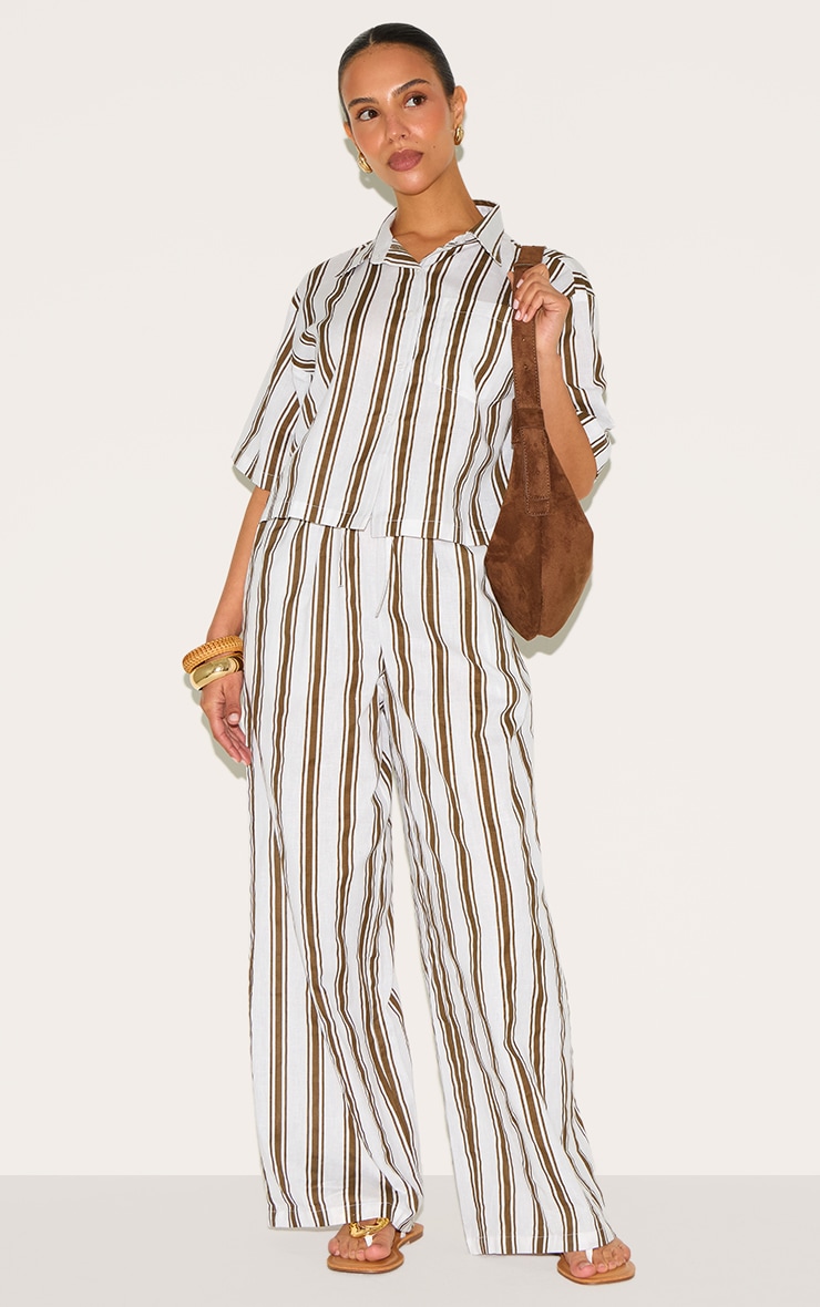 Petite Beige Striped Linen Look Oversized Shirt image 3