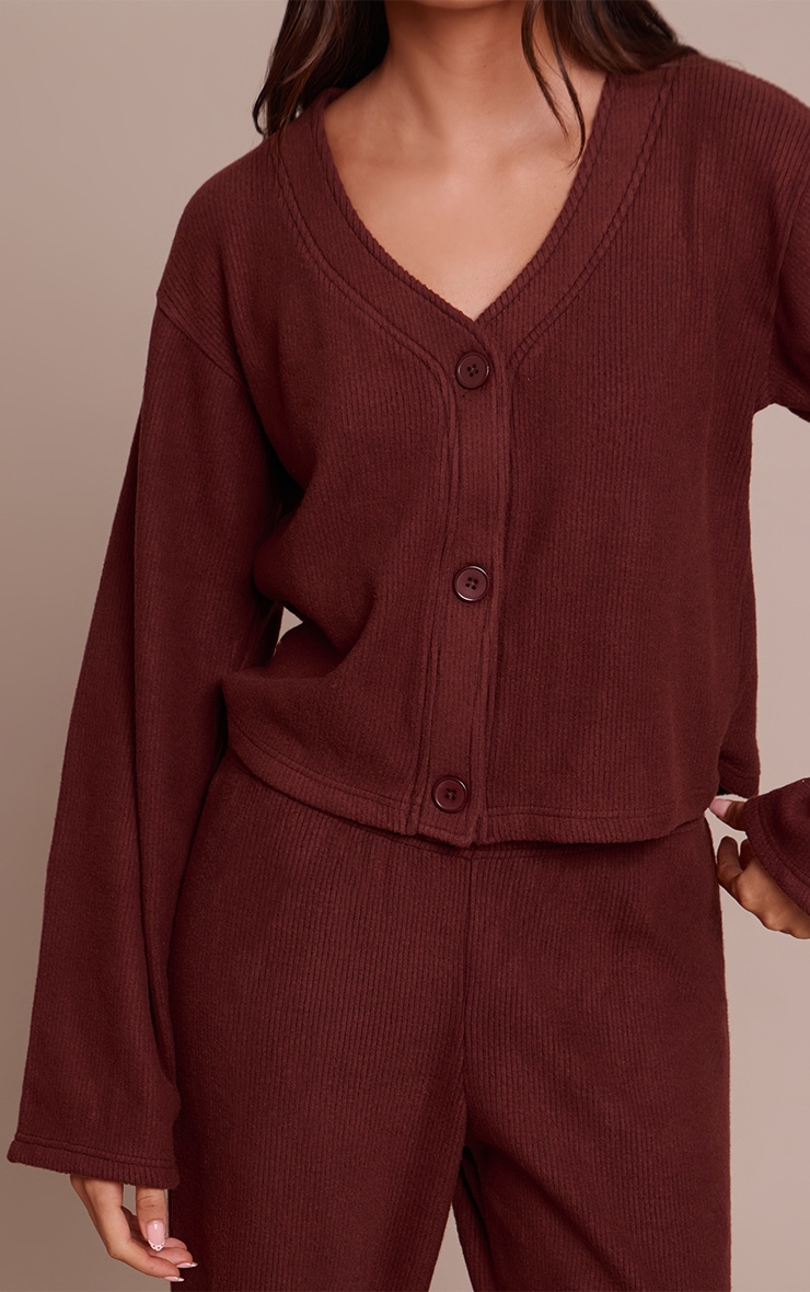Chocolate Brown Soft Brushed Chunky Rib Boxy Cardigan image 4