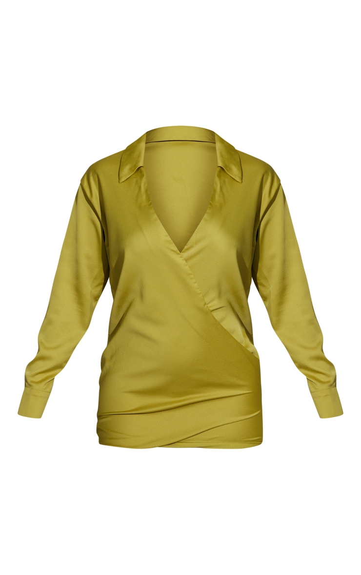 Chartreuse Textured Satin Plunge Wrap Shirt Dress image 5
