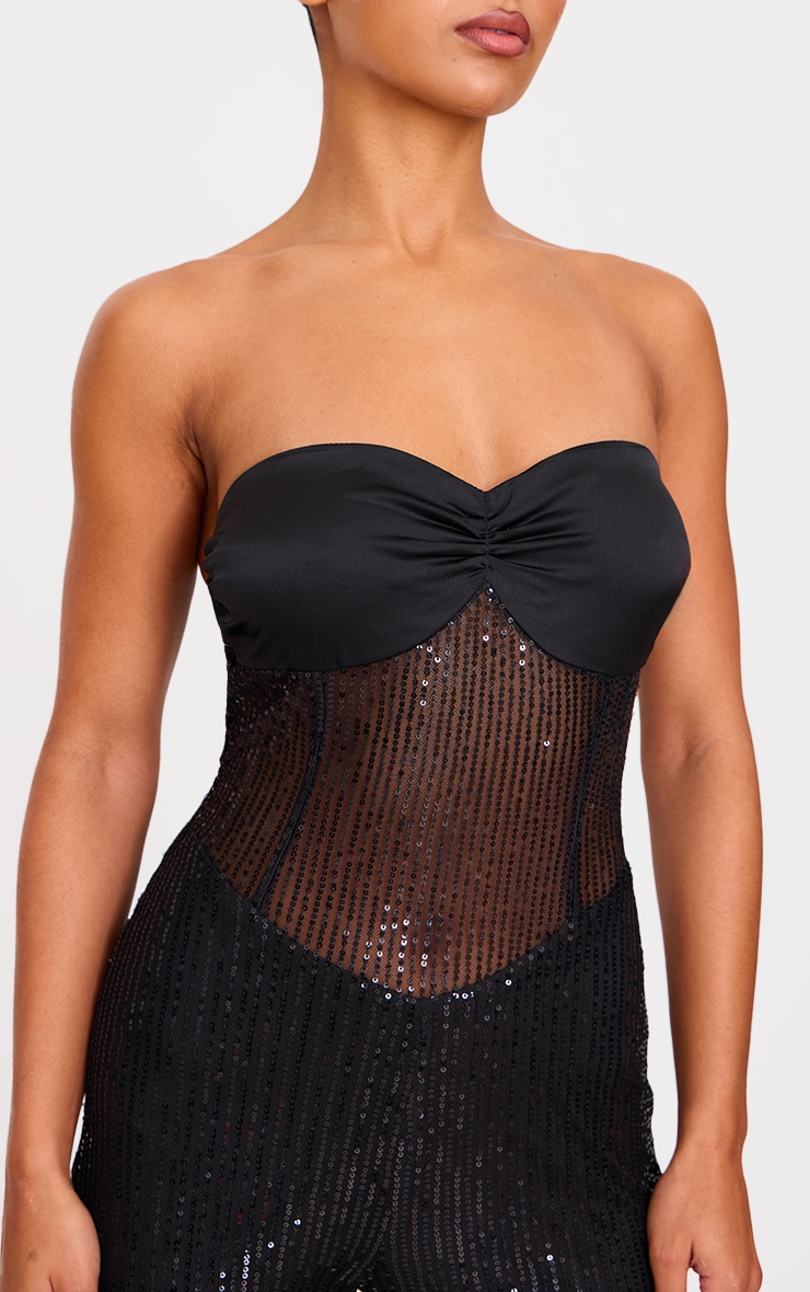 Black Sequin Bandeau Sheer Panel Jumpsuit image 4