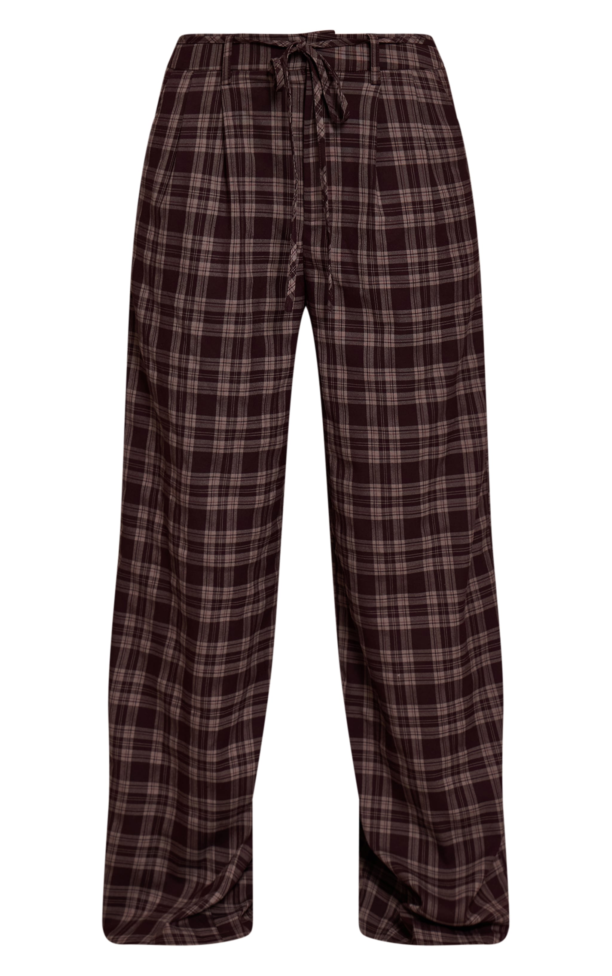 Chocolate Brown Check Print Tailored Tie Detail Woven Wide Leg Pants image 5