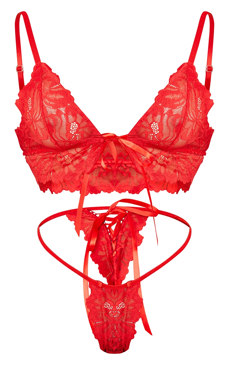 Red Triangle Lace Up Bum Lingerie Set image 5