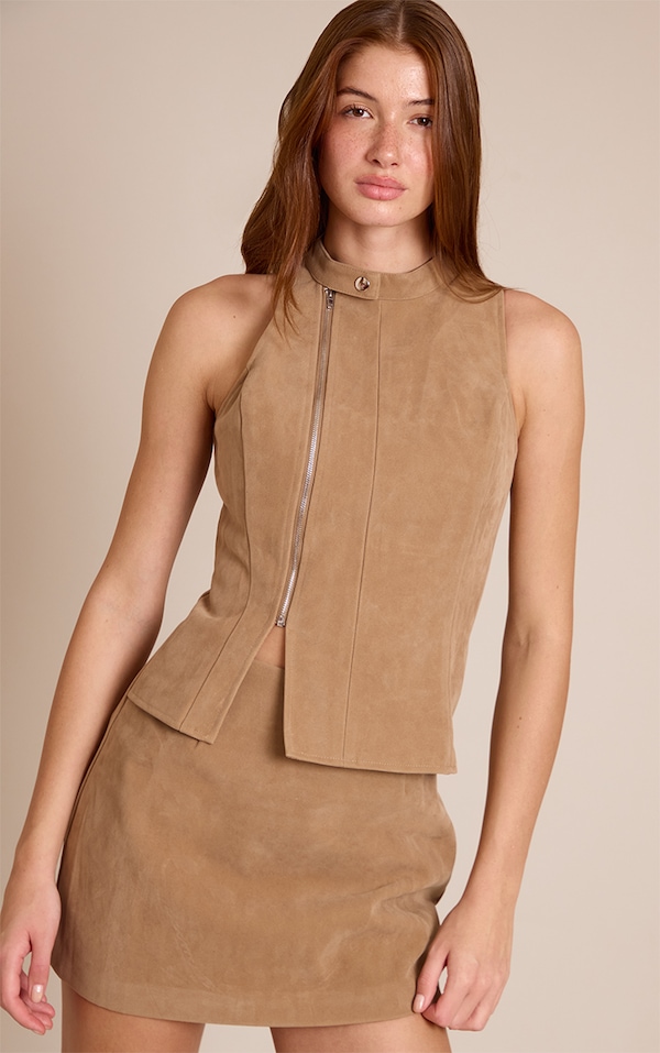 Mini robe en suédine marron clair à zip