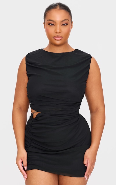 Plus Black Mesh Ruched Trim Detail Crop Top