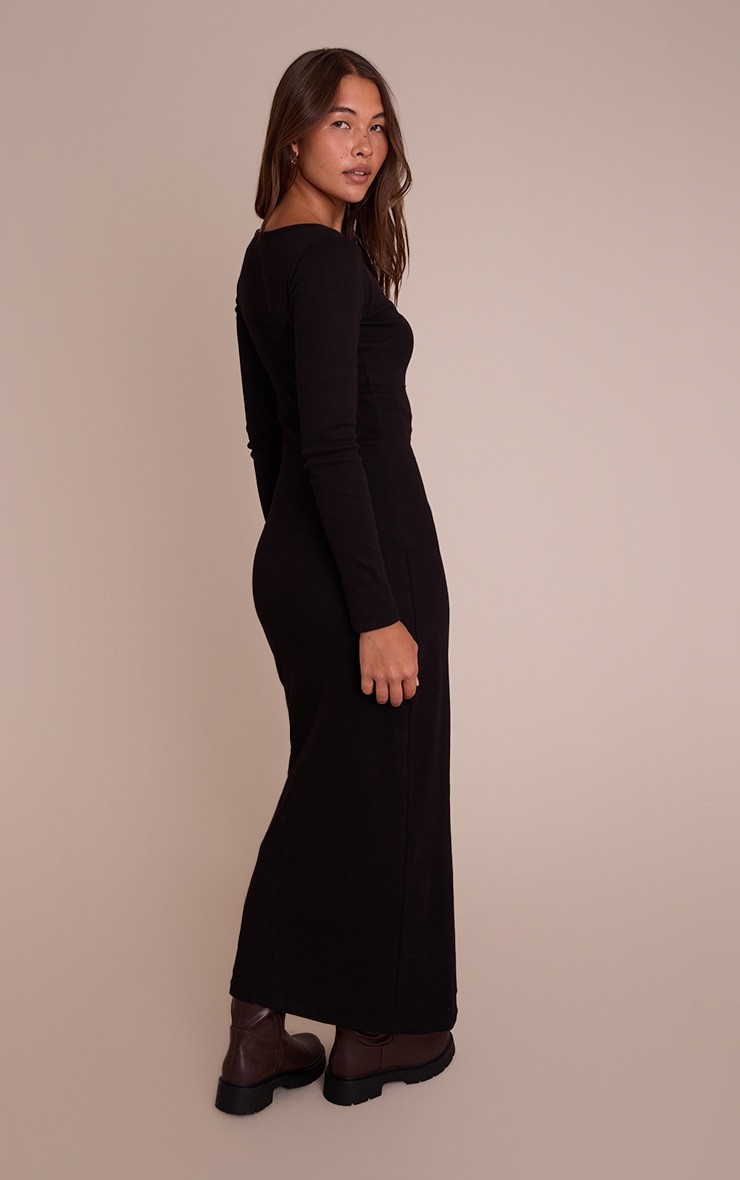 Black Ribbed Boat Neck Long Sleeve Bodycon Maxi Dress image 2