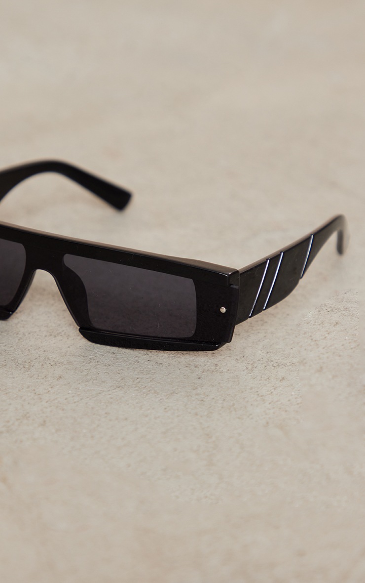 Black Wide Flat Top Emboss Detail Visor Sunglasses image 3