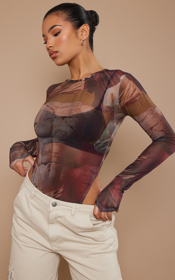 Multi Abstract Print Mesh High Leg Bodysuit