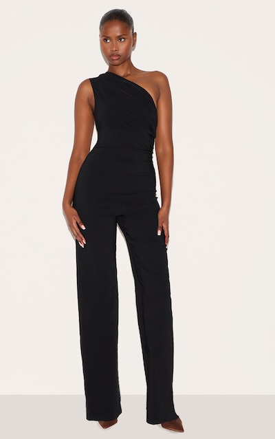 Black Stretch Woven One Shoulder Ruched Flared Jumpsuit