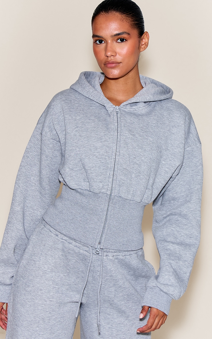Grey Marl Cinched Cropped Zip Up Hoodie image 1