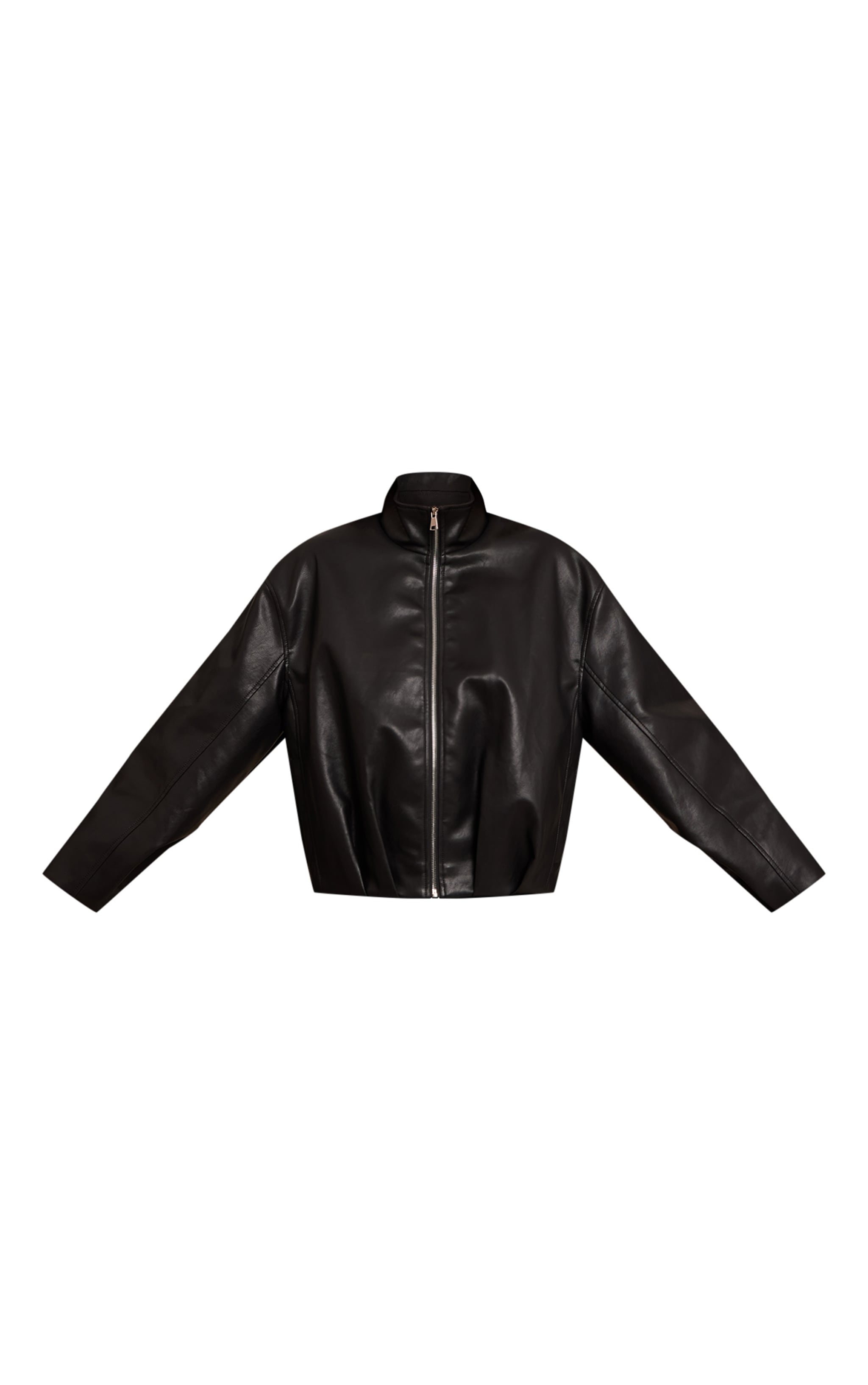 Black Faux Leather Funnel Neck Gathered Back Bomber Jacket  image 5