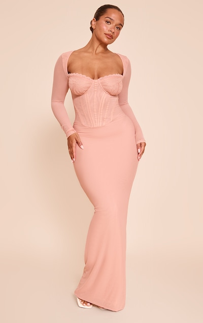 Shape Peach Mesh Lace Insert Corseted Maxi Dress