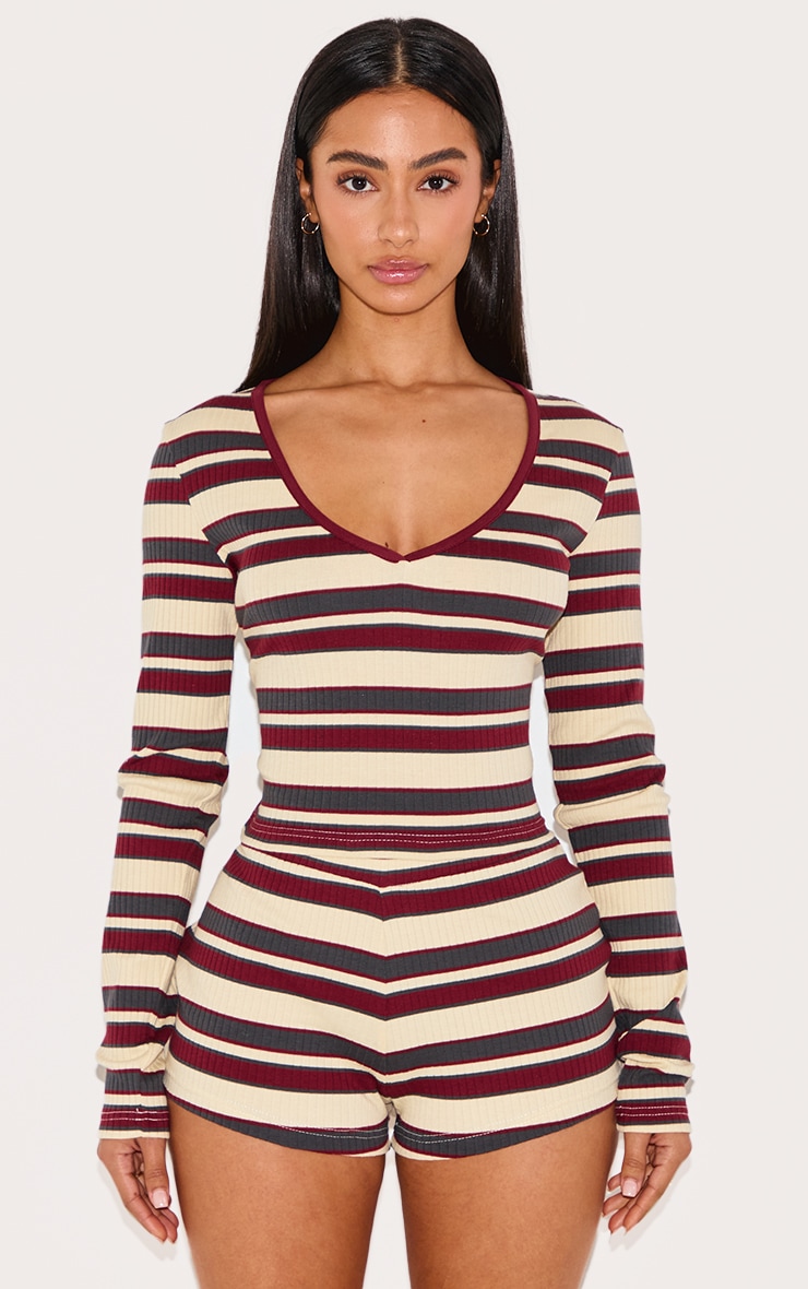 Petite Multi Stripe Ribbed Long Sleeve Top image 1