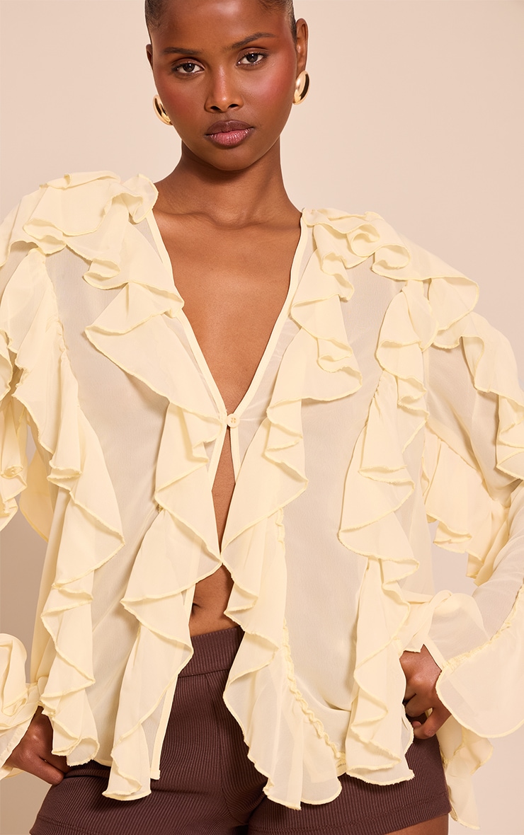 Butter Yellow Chiffon Extreme Ruffle Detail Long Sleeve Blouse image 4