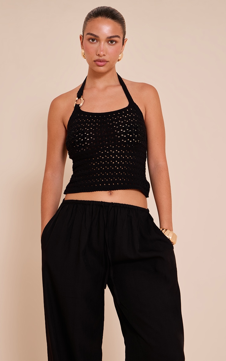 Black Crochet Trim Detail Halter Top image 1