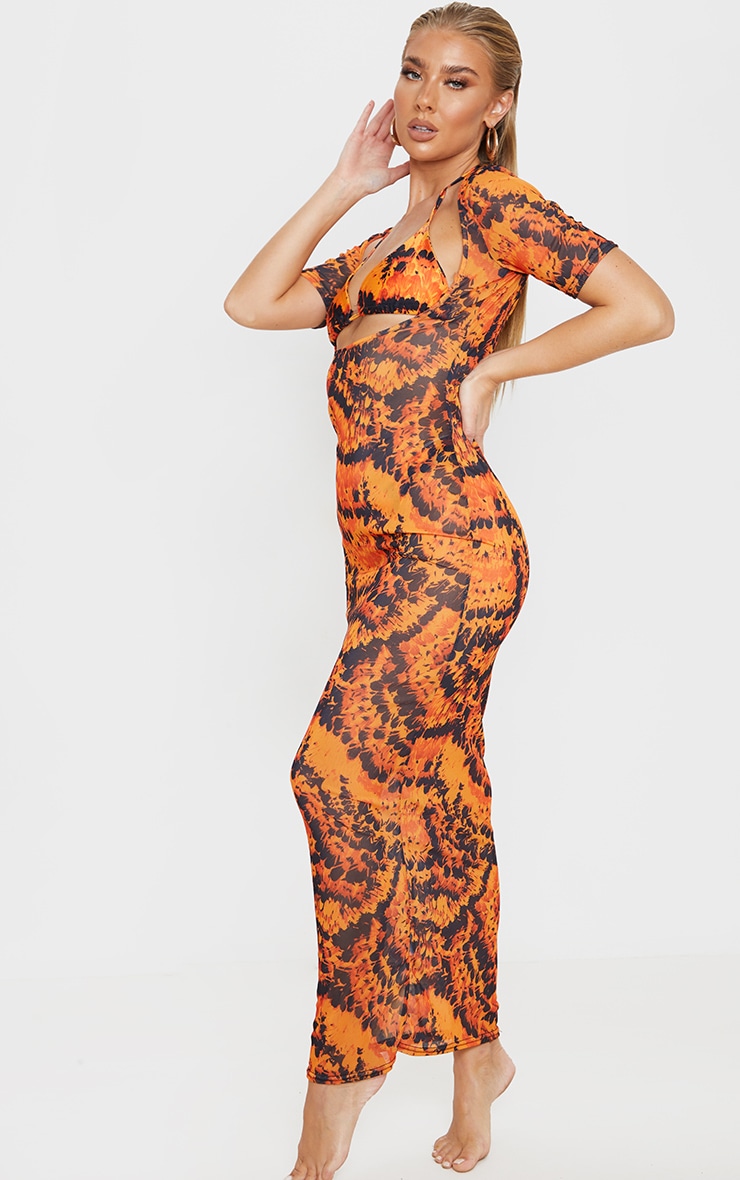 Robe De Plage Longue En Mesh Orange Imprimée Plumes à Manches Courtes Et Col Arrondi