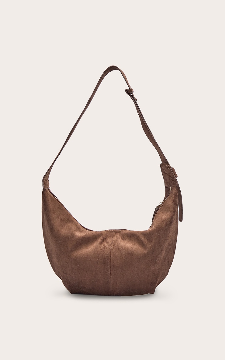 Chocolate Faux Suede Slouchy Crescent Cross Body Bag image 3