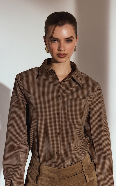 Brown Check Shoulder Pad Oversized Shirt