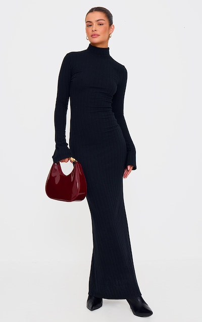 Black Rib High Neck Long Sleeve Maxi Dress