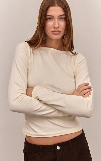 Cream Soft Cotton Ruched Side Long Sleeve Top