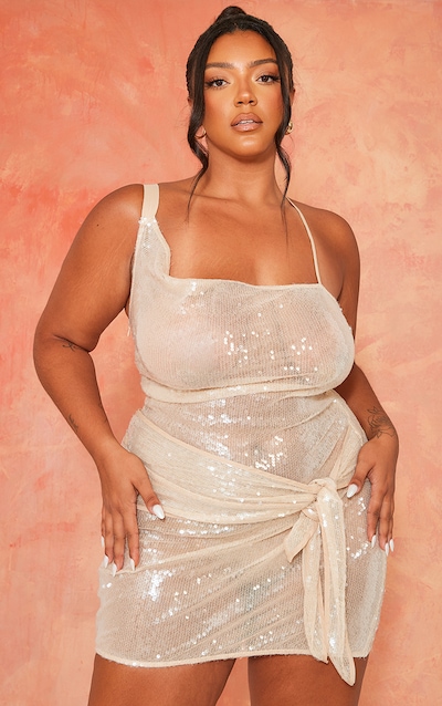 Plus Nude Sheer Sequin Wrap Bodycon Dress