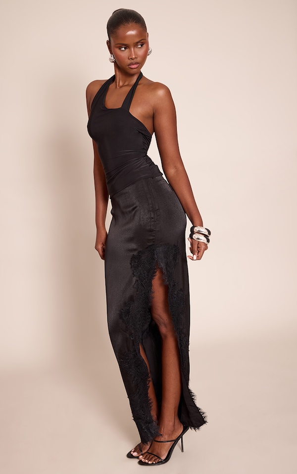 Black Satin Lace Side Split Maxi Skirt