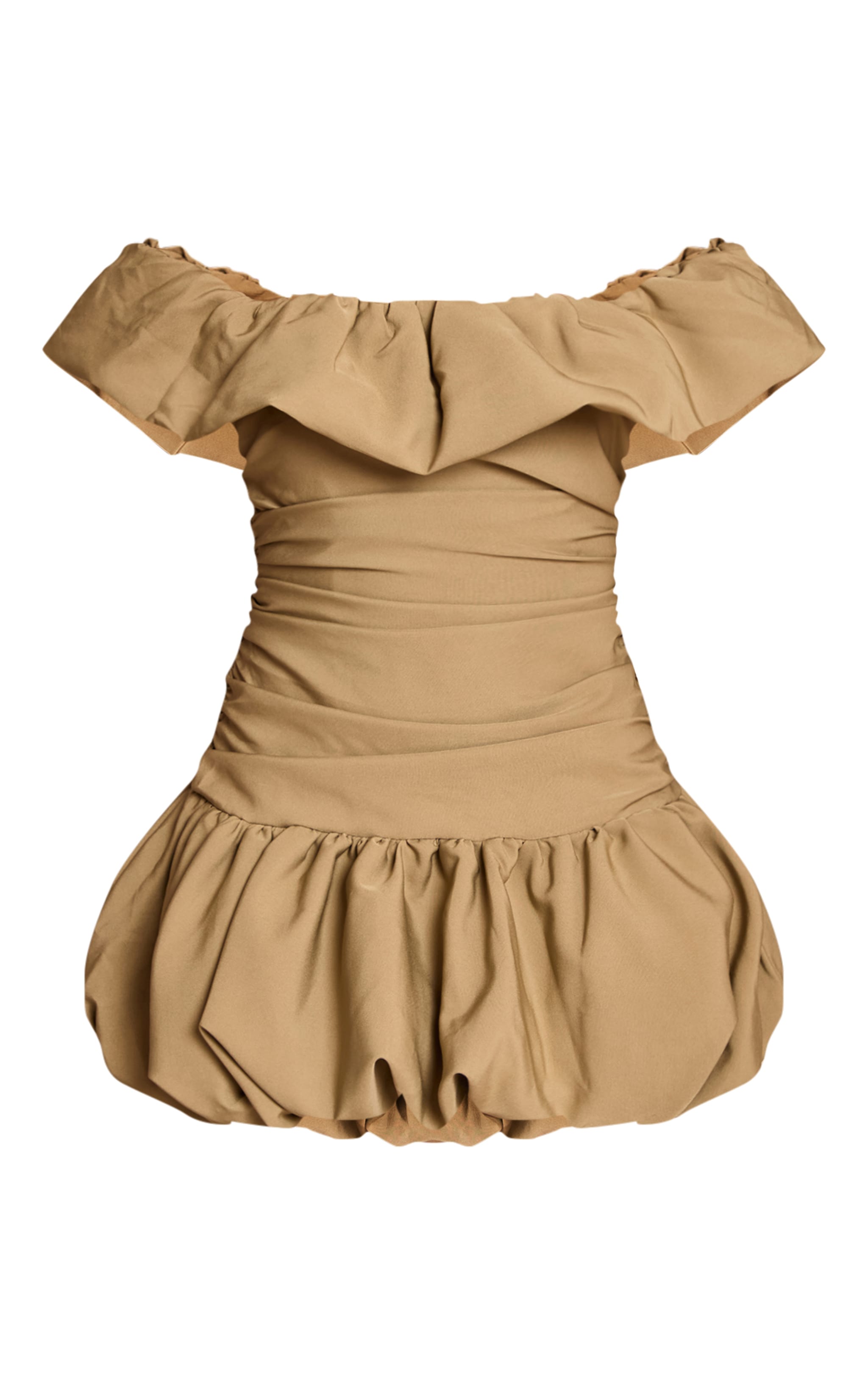 Mini robe droite tissée vert olive froncée à col bardot image 5